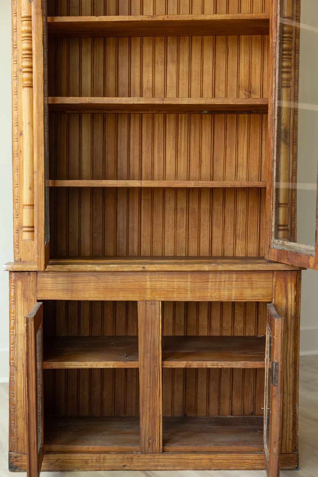 Antique Pine Glazed Display Cabinet | 19th Century Farmhouse Cupboard