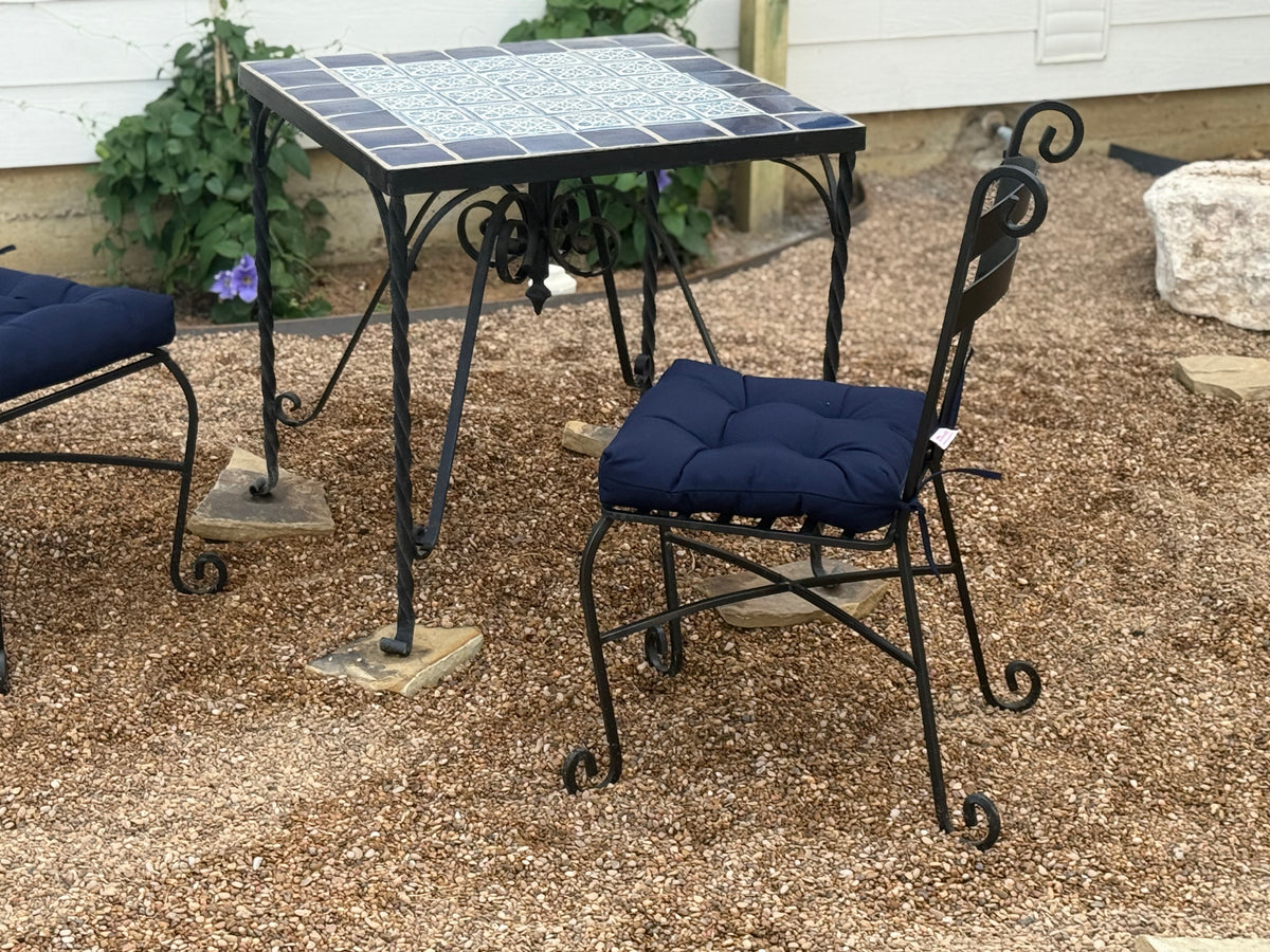 Vintage Blue & White Tile Top Bistro Set | Handcrafted Wrought Iron Patio Dining Set | 30” Square Table with 4 Scroll Chairs