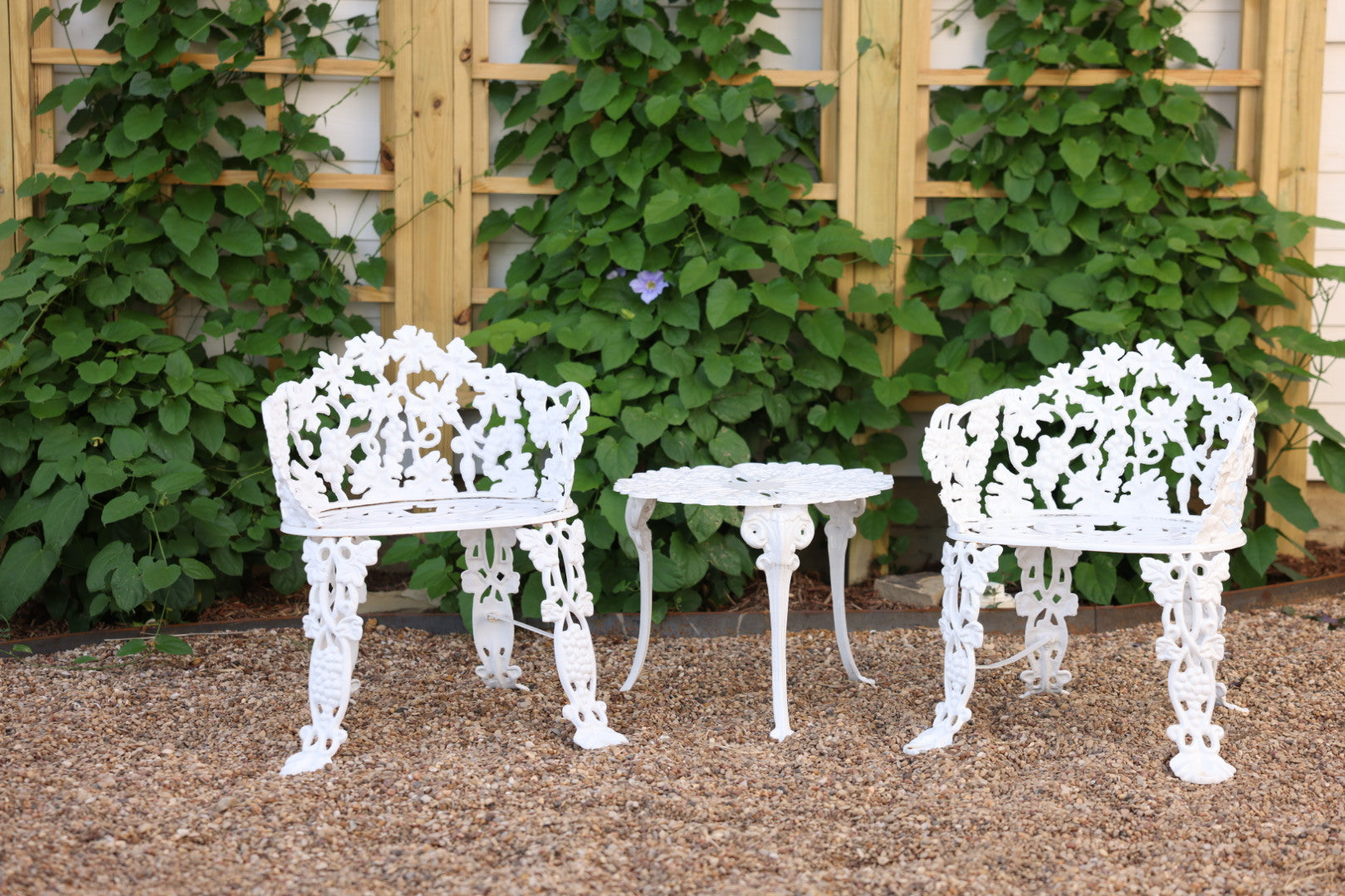 Antique Cast Iron Grapevine Bistro Set | Victorian Garden Table & Two Chairs | White Patio Furniture | French Country Outdoor Seating