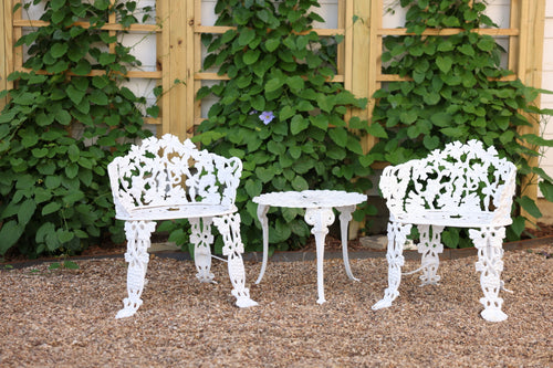 Antique Cast Iron Grapevine Bistro Set | Victorian Garden Table & Two Chairs | White Patio Furniture | French Country Outdoor Seating
