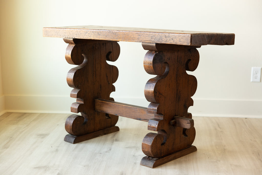 Antique Solid Wood Plank Top Carved Trestle Console Entry Table 47”