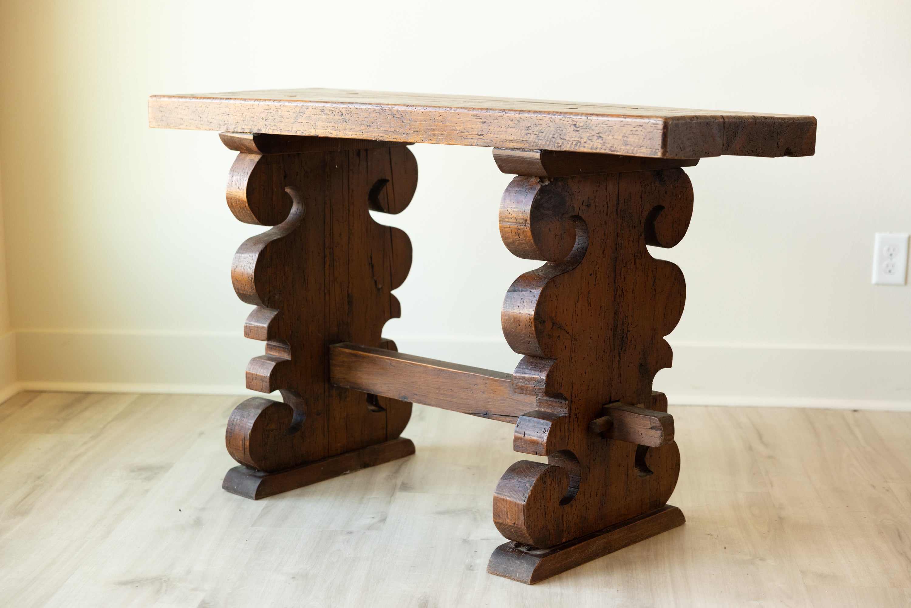 Antique Solid Wood Plank Top Carved Trestle Console Entry Table 47”