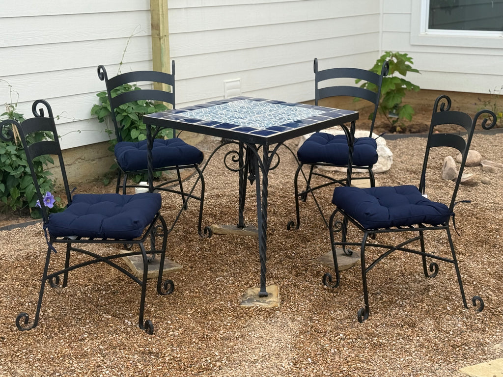 Vintage Blue & White Tile Top Bistro Set | Handcrafted Wrought Iron Patio Dining Set | 30” Square Table with 4 Scroll Chairs