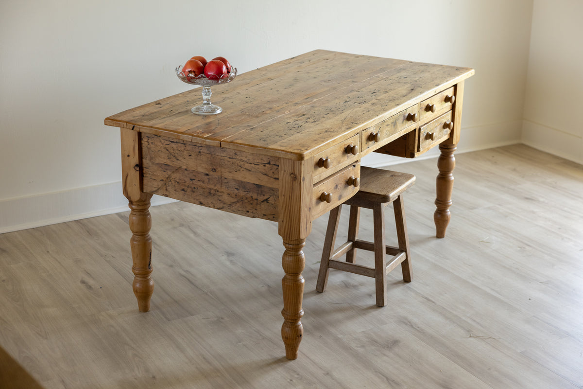 Antique English Pine Work Table | 6 Drawer Farmhouse Kitchen Island | Primitive Pine Desk | European Country Console