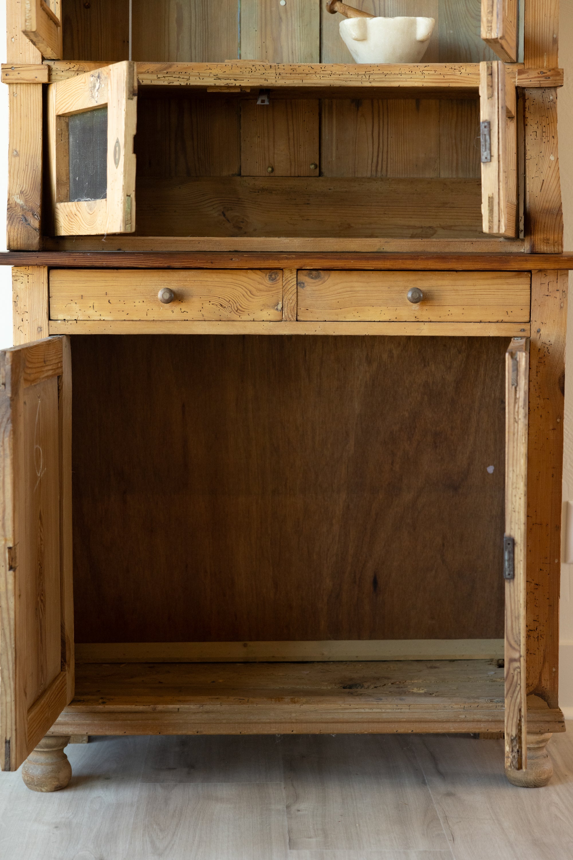 Antique German Pine Glass Front Cupboard | European Farmhouse Hutch | Primitive Pine Cabinet