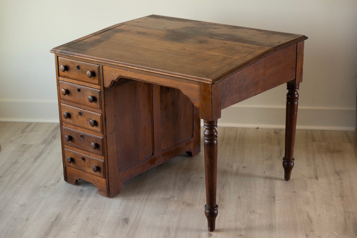 Antique Writing Desk with Five Drawers, Turned Legs & Hidden Side Cupboard
