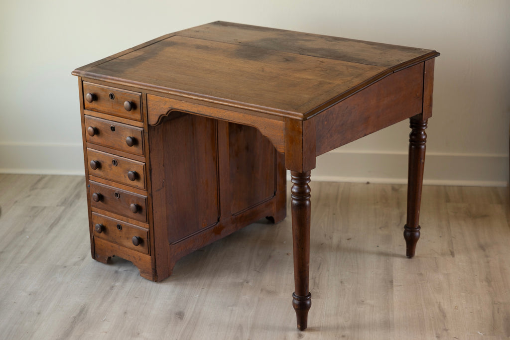 Antique Writing Desk with Five Drawers, Turned Legs & Hidden Side Cupboard