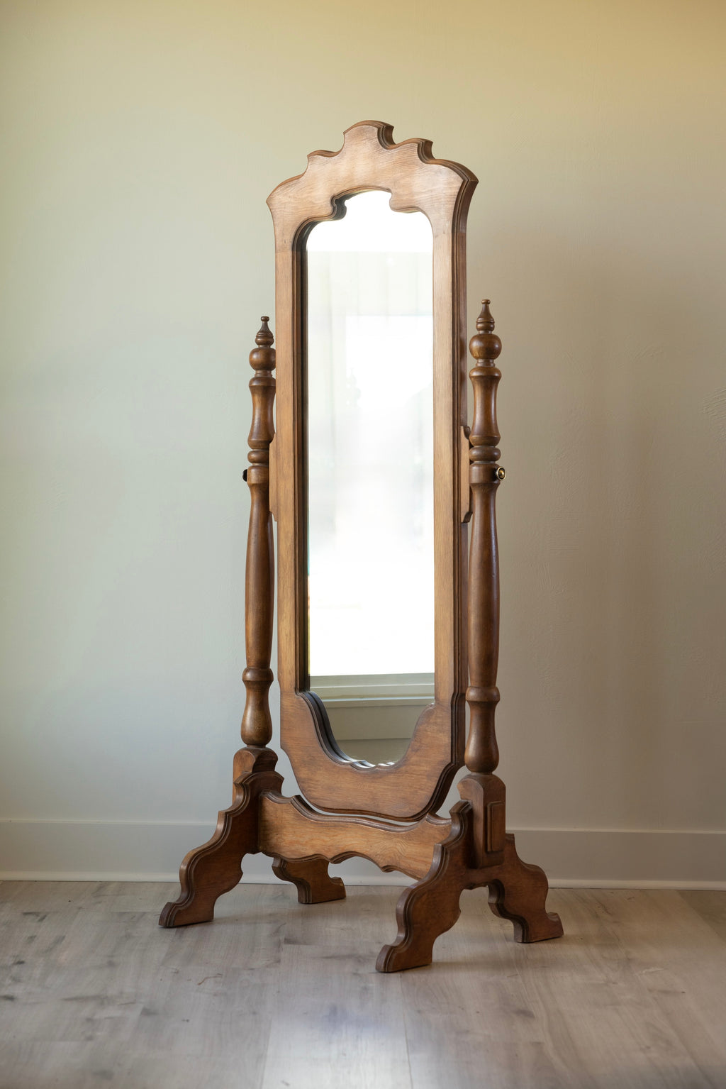Vintage Wood Cheval Mirror with Scalloped Frame