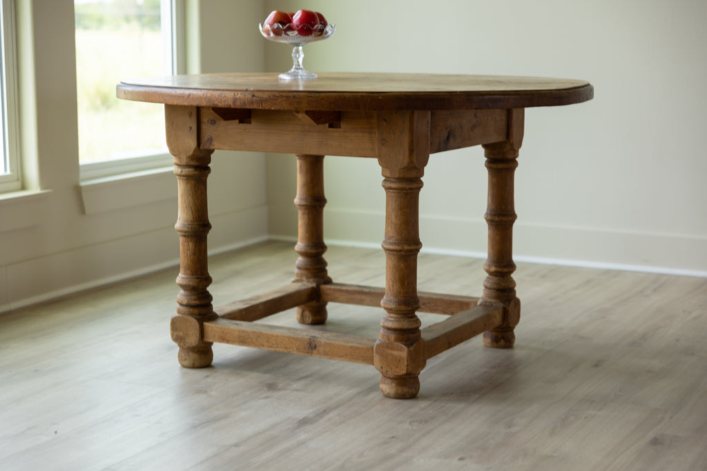 Antique English Pine Dining Table | 51” Round Farmhouse Kitchen Table | Rustic European Country Table
