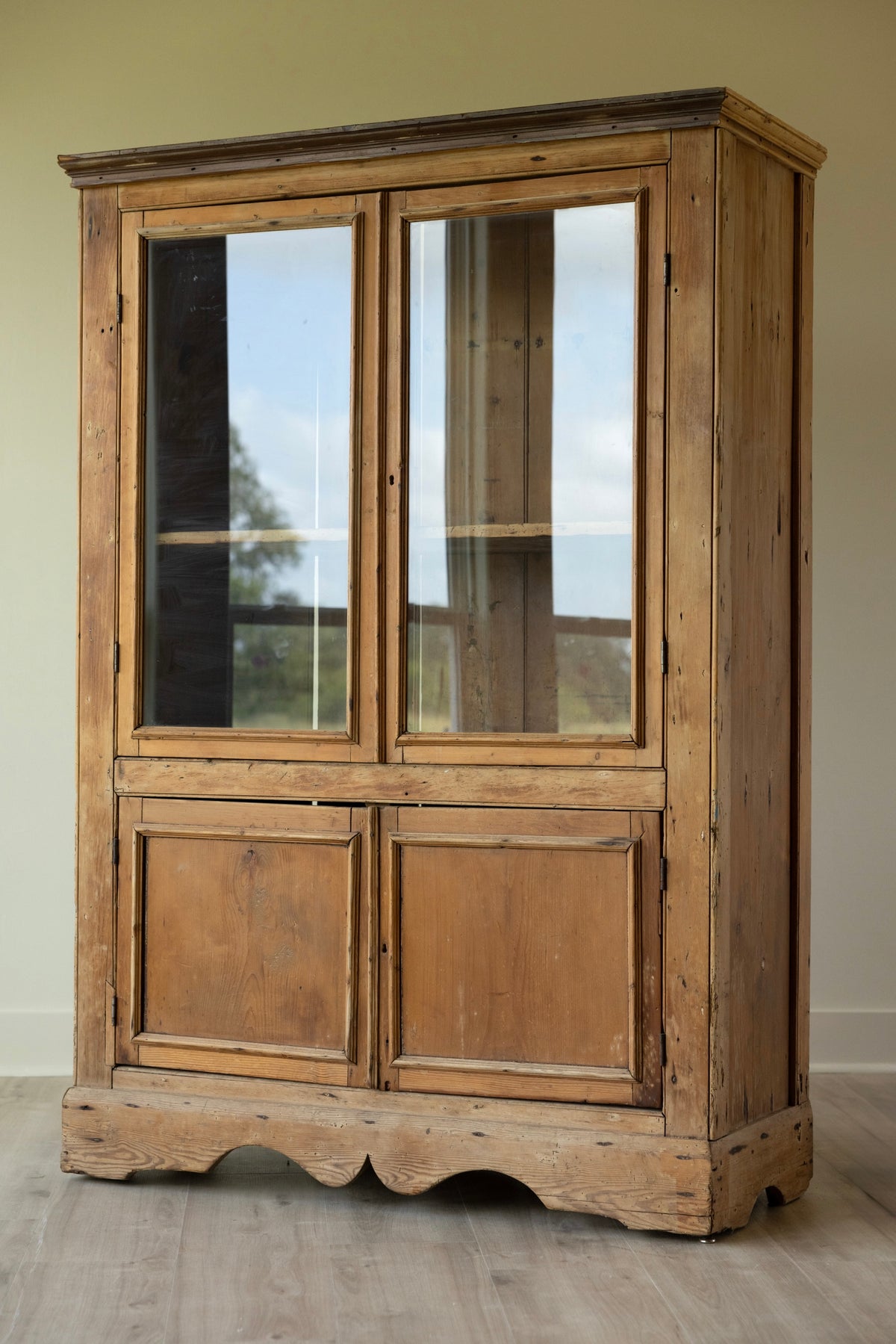 Early 19th Century Antique Pine Glazed Cupboard | European Farmhouse Display Cabinet | Primitive Pine Hutch