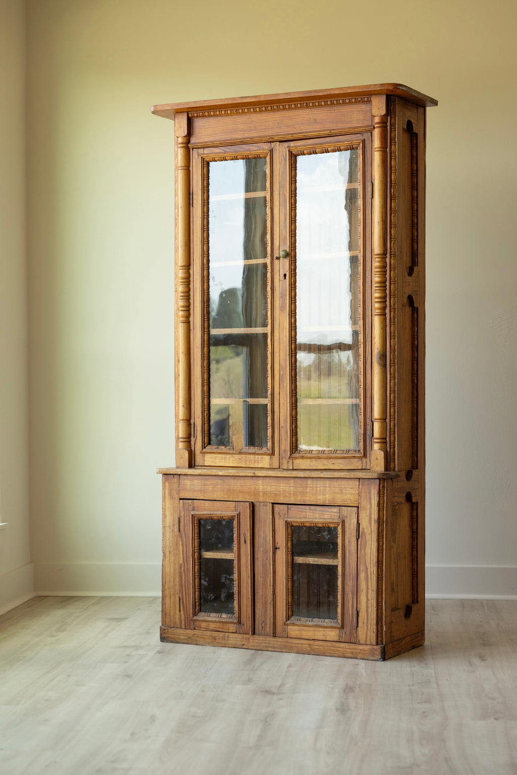 Antique Pine Glazed Display Cabinet | 19th Century Farmhouse Cupboard