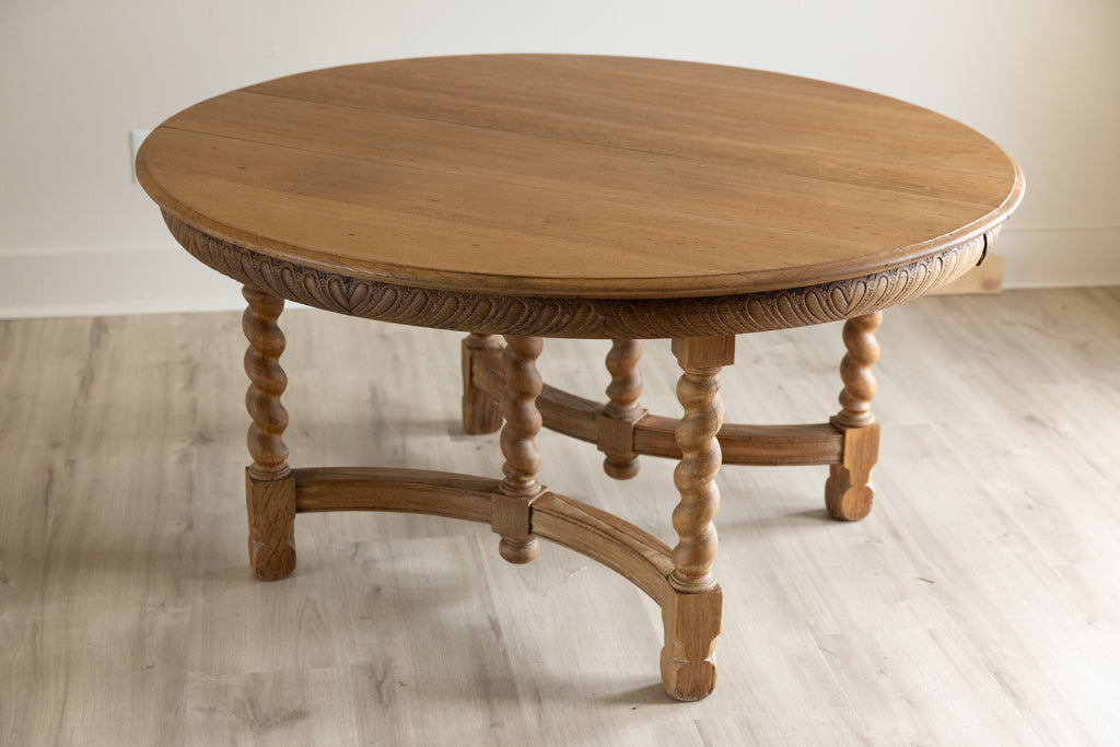 Antique Round Oak Dining Table | 54” Barley Twist Dining Table | Carved European Farmhouse Table