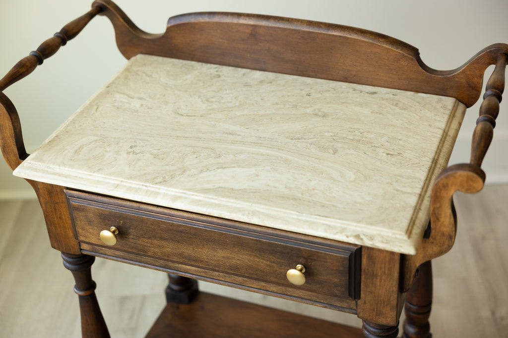 Antique Marble Top Washstand | Petite Victorian Side Table | European Farmhouse Bedside Table | Turned Leg Server