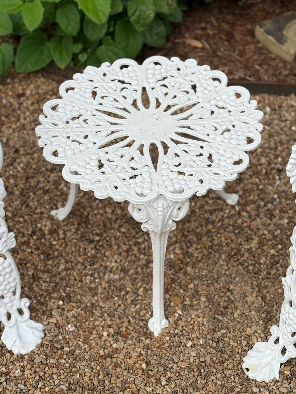 Antique Cast Iron Grapevine Bistro Set | Victorian Garden Table & Two Chairs | White Patio Furniture | French Country Outdoor Seating