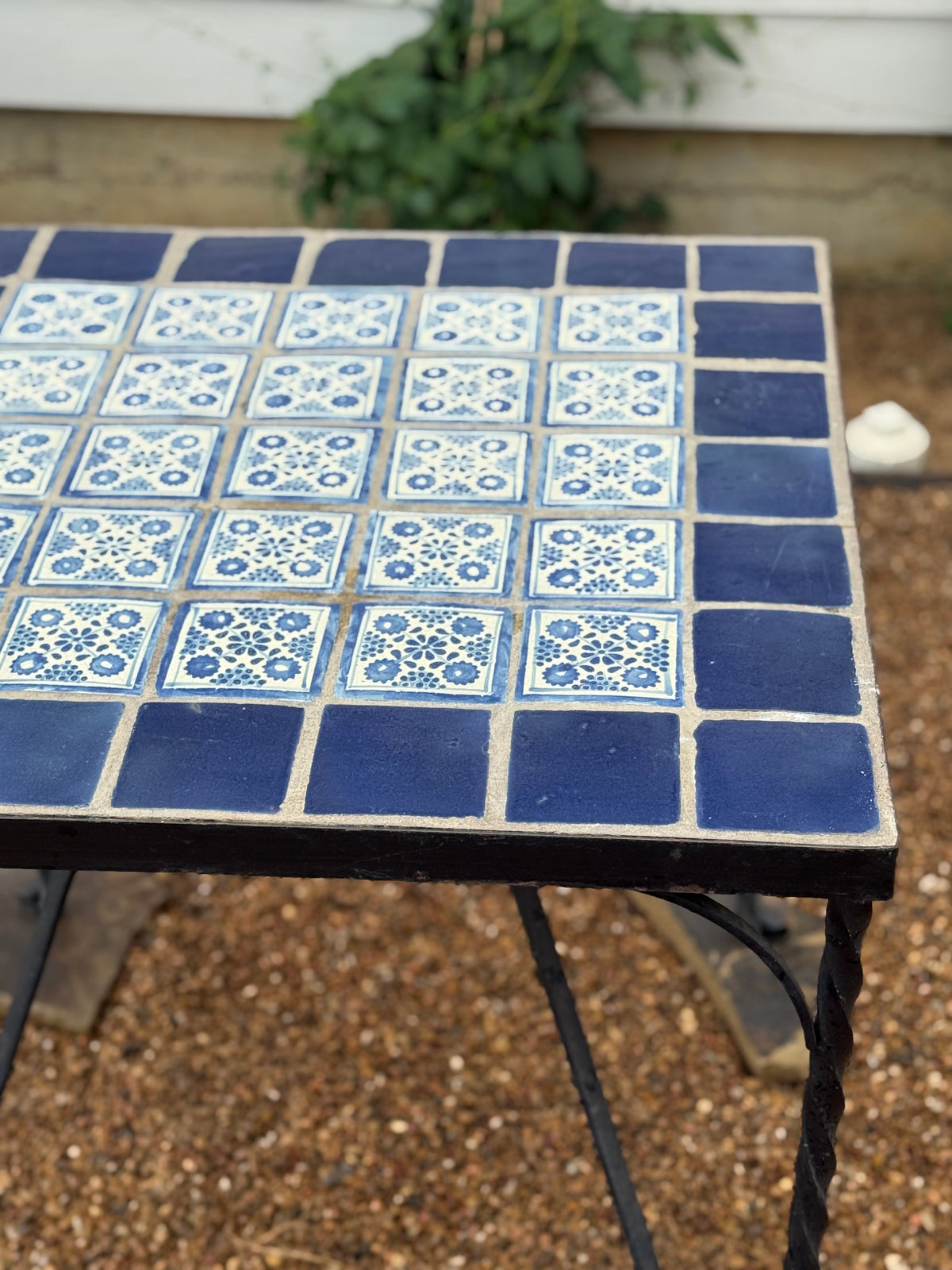 Vintage Blue & White Tile Top Bistro Set | Handcrafted Wrought Iron Patio Dining Set | 30” Square Table with 4 Scroll Chairs