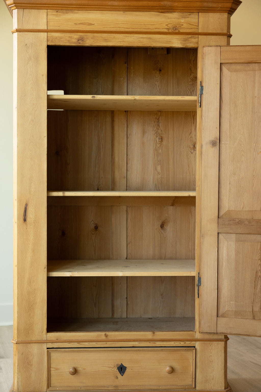 Antique European Pine Wardrobe | Solid Wood Linen Press Cabinet | English Country Armoire | Farmhouse Storage Cabinet with Drawer