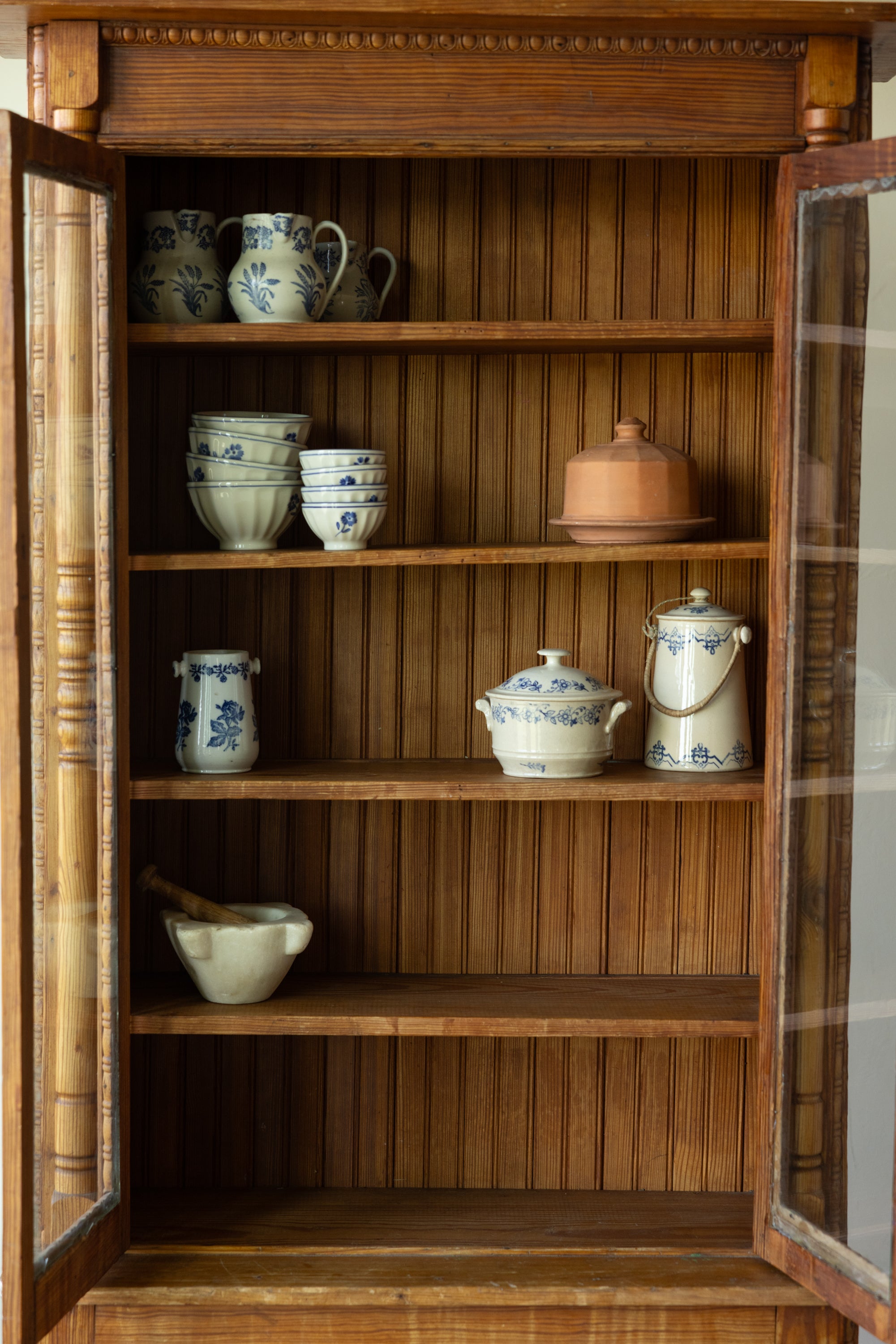 Antique Pine Glazed Display Cabinet | 19th Century Farmhouse Cupboard