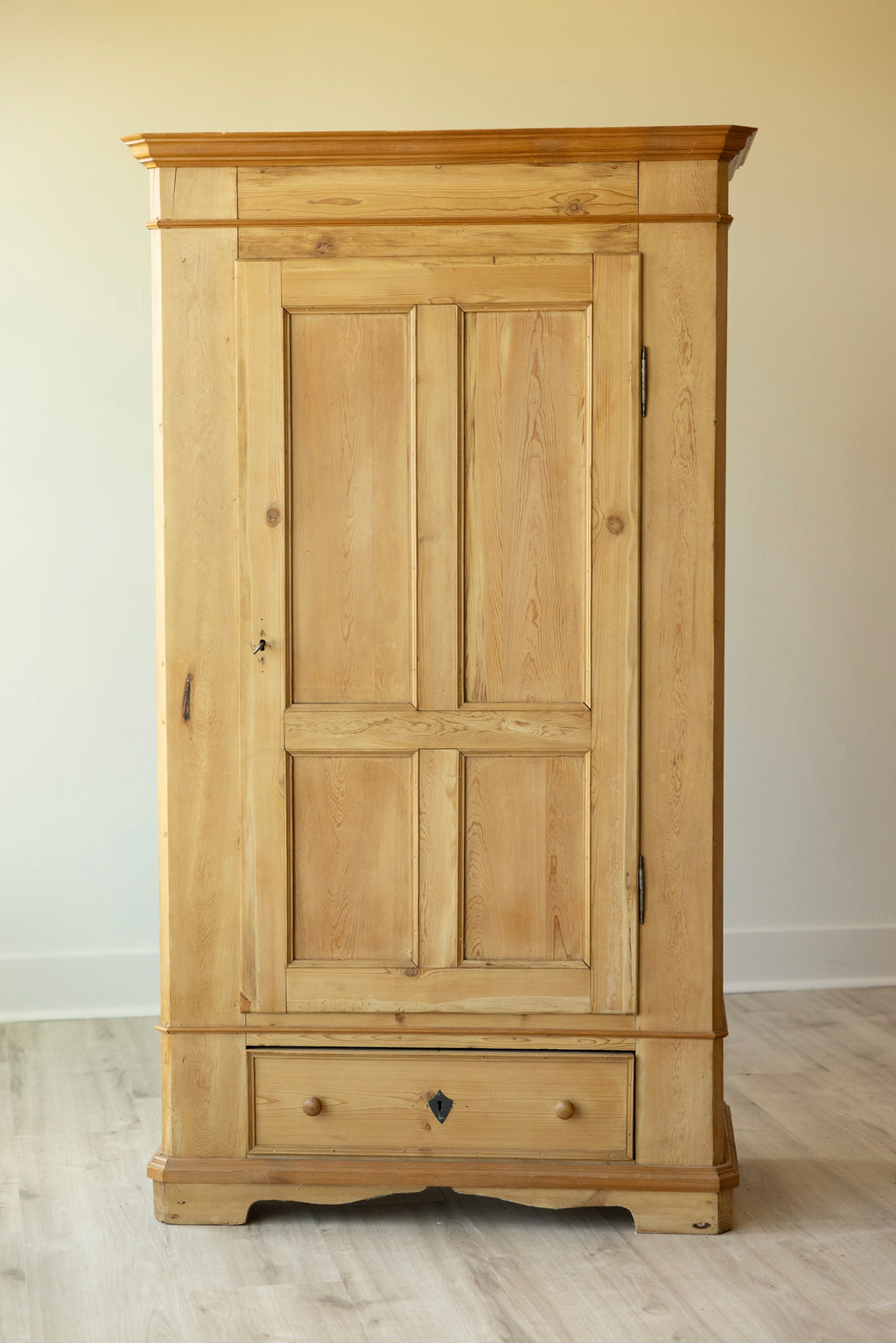 Antique European Pine Wardrobe | Solid Wood Linen Press Cabinet | English Country Armoire | Farmhouse Storage Cabinet with Drawer