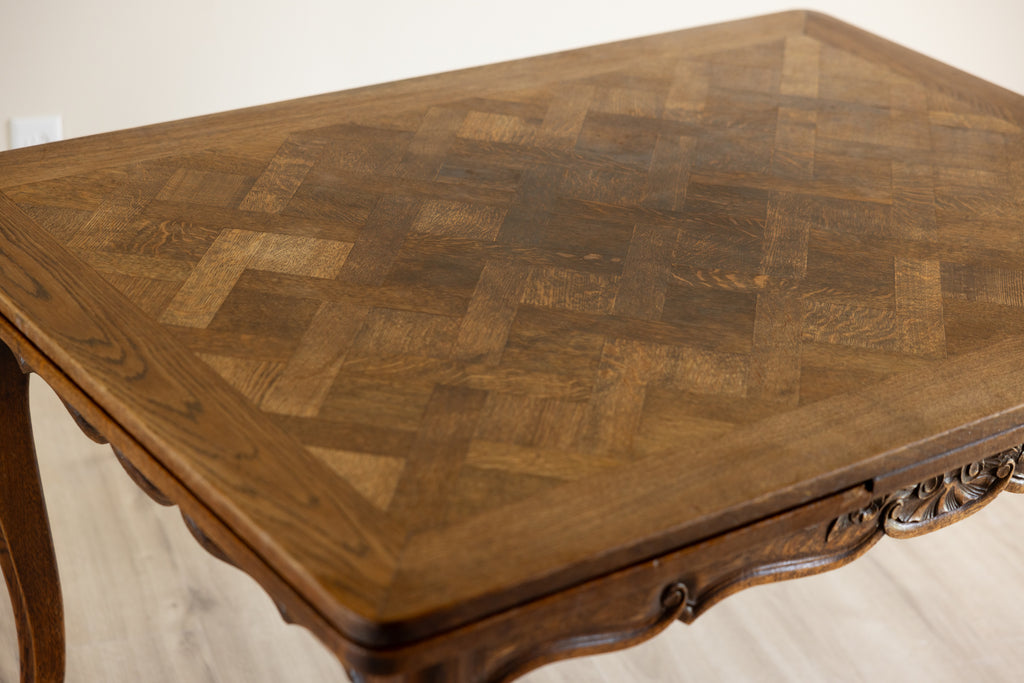 Antique French Provincial Draw Leaf Dining Table | Solid Oak Parquet Top | Louis XV Carved Extendable Farmhouse Table | Seats 4–8