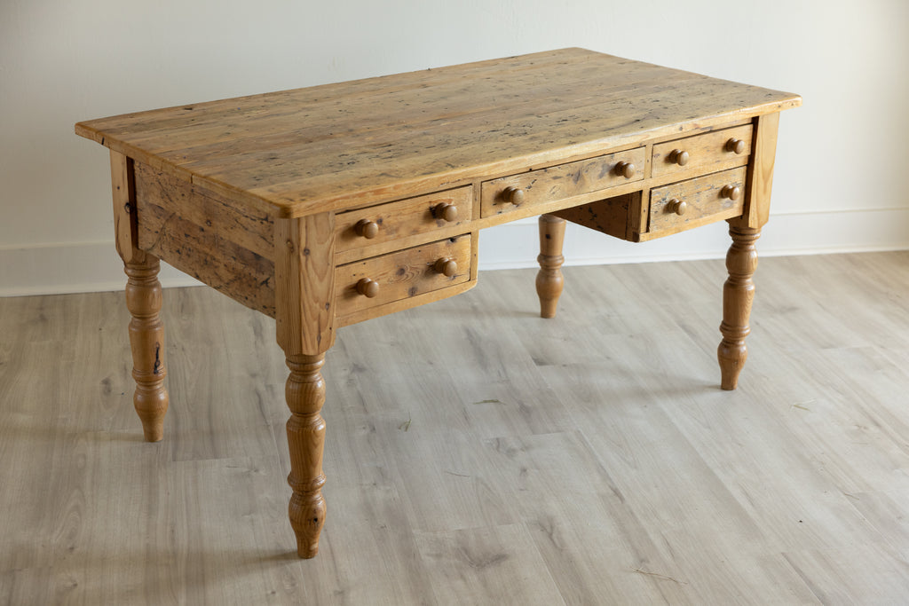Antique English Pine Work Table | 6 Drawer Farmhouse Kitchen Island | Primitive Pine Desk | European Country Console