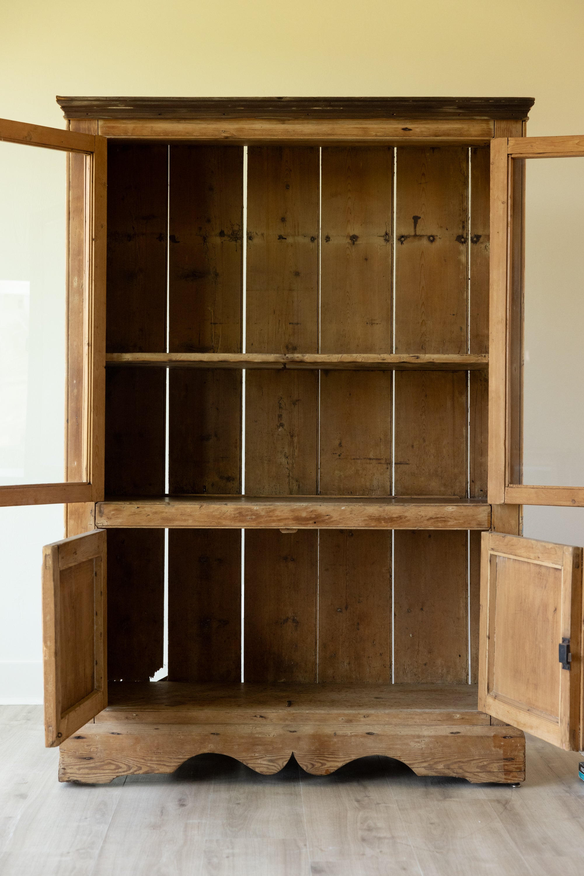 Early 19th Century Antique Pine Glazed Cupboard | European Farmhouse Display Cabinet | Primitive Pine Hutch
