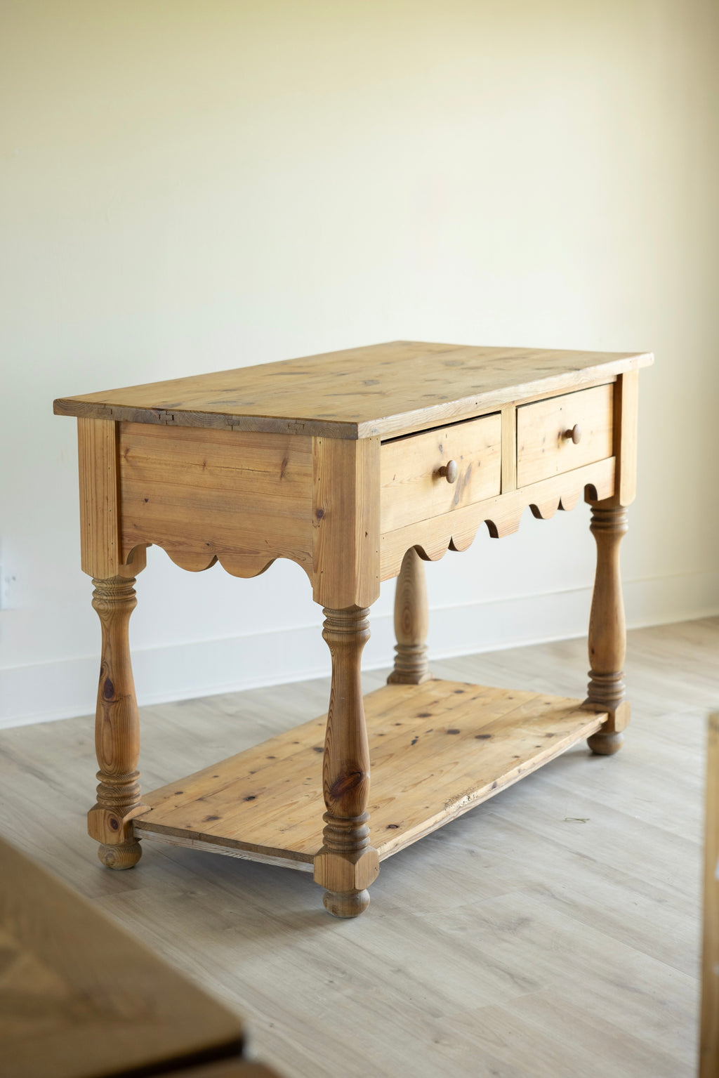 Vintage Pine Work Table | Farmhouse Kitchen Prep Island Table | Pine Potboard Table | European Farmhouse Console Table 37.5” Tall
