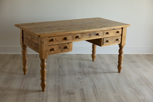 Antique English Pine Work Table | 6 Drawer Farmhouse Kitchen Island | Primitive Pine Desk | European Country Console