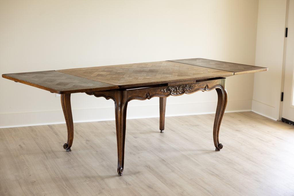 Antique French Provincial Draw Leaf Dining Table | Solid Oak Parquet Top | Louis XV Carved Extendable Farmhouse Table | Seats 4–8