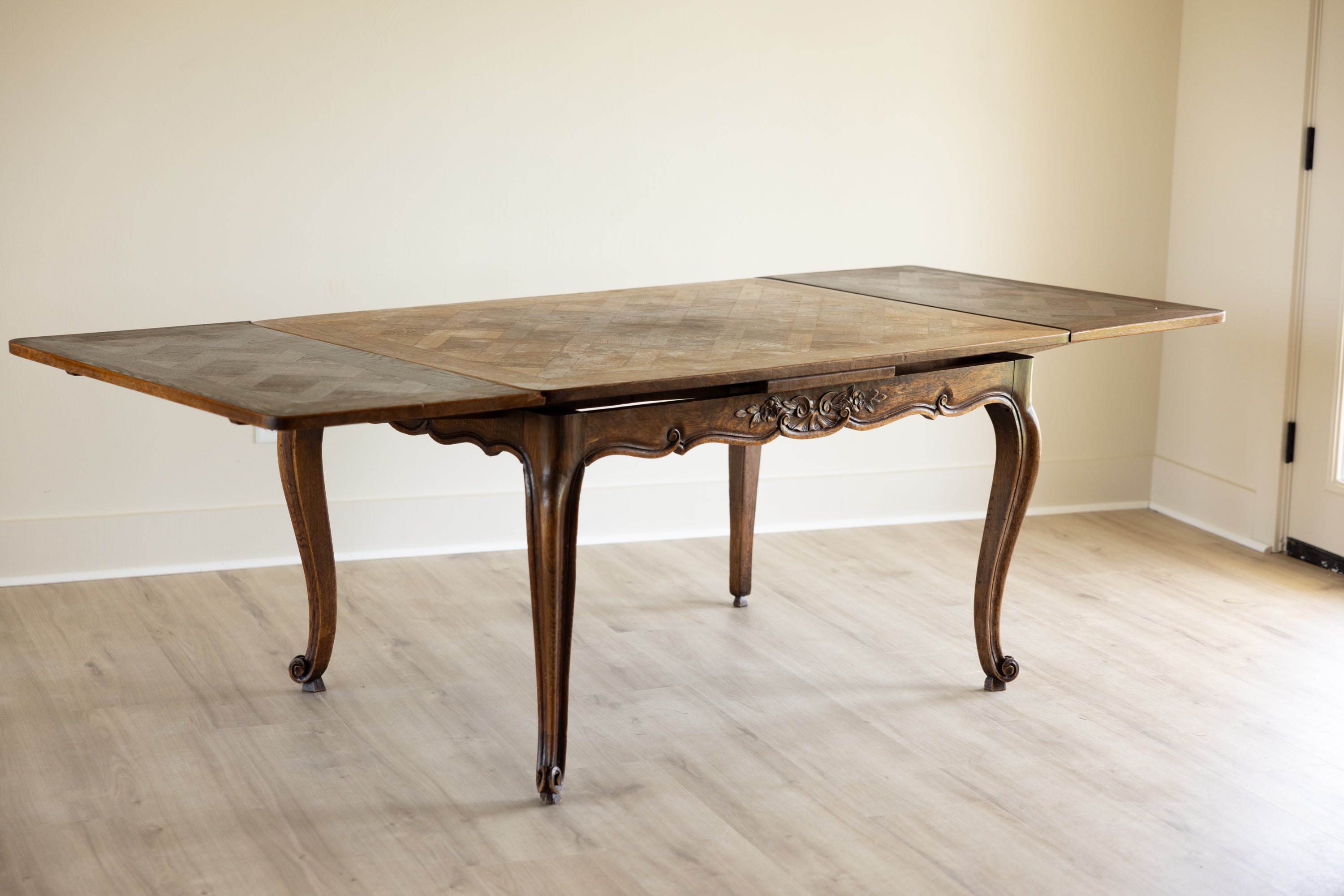 Antique French Provincial Draw Leaf Dining Table | Solid Oak Parquet Top | Louis XV Carved Extendable Farmhouse Table | Seats 4–8