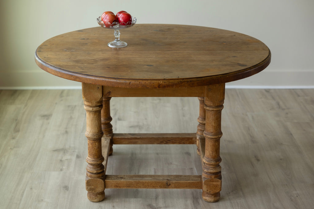 Antique English Pine Dining Table | 51” Round Farmhouse Kitchen Table | Rustic European Country Table