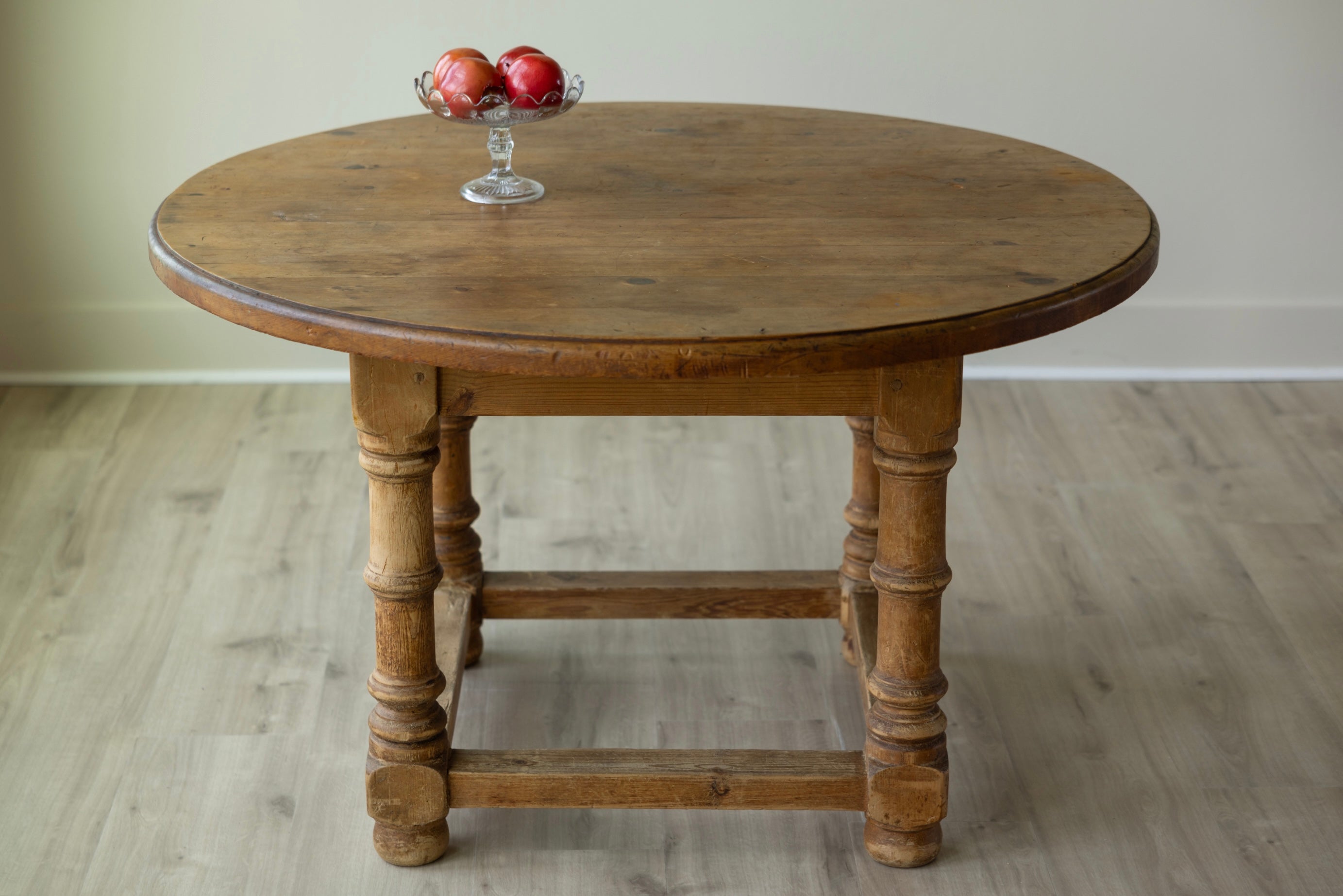 Antique English Pine Dining Table | 51” Round Farmhouse Kitchen Table | Rustic European Country Table