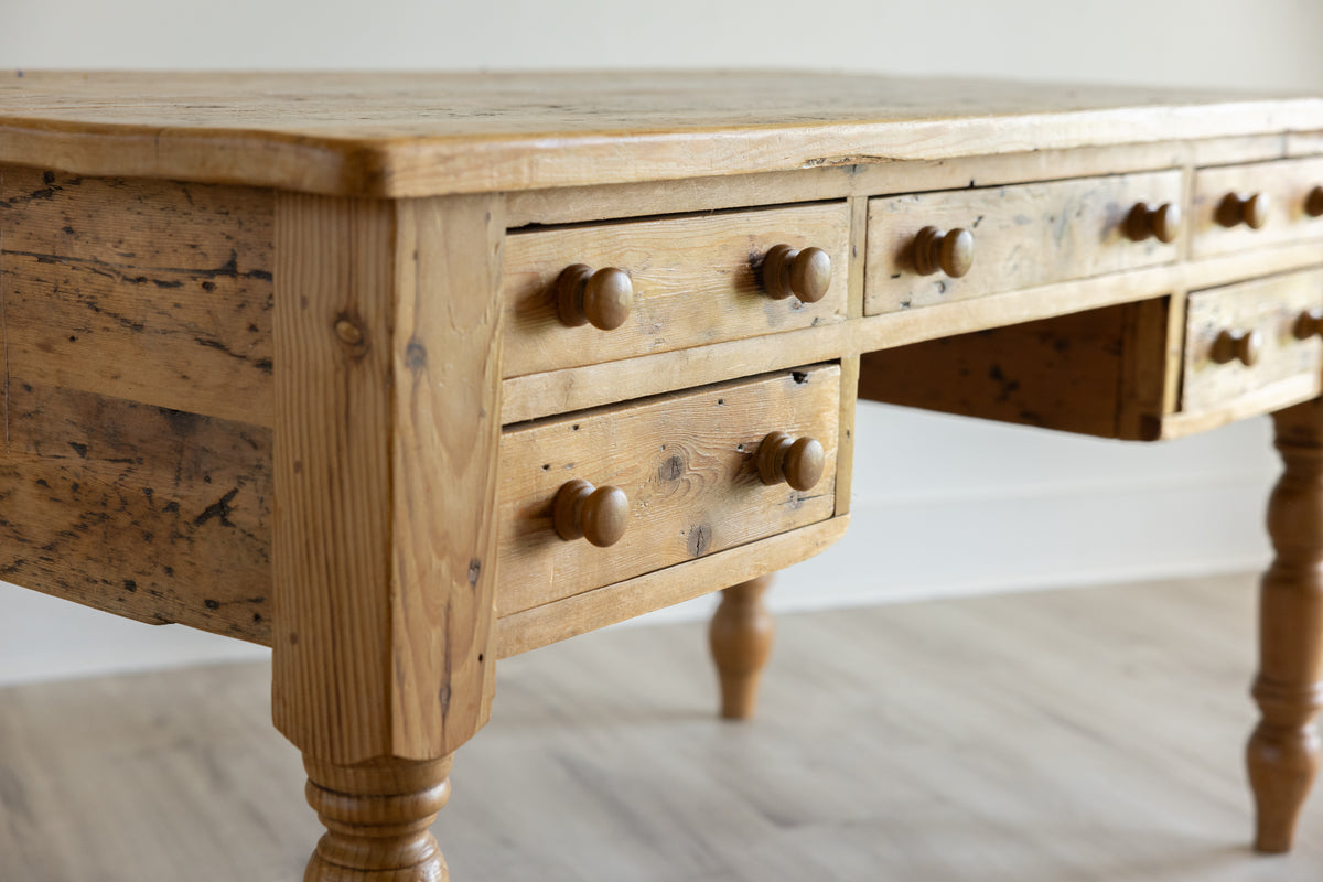 Antique English Pine Work Table | 6 Drawer Farmhouse Kitchen Island | Primitive Pine Desk | European Country Console