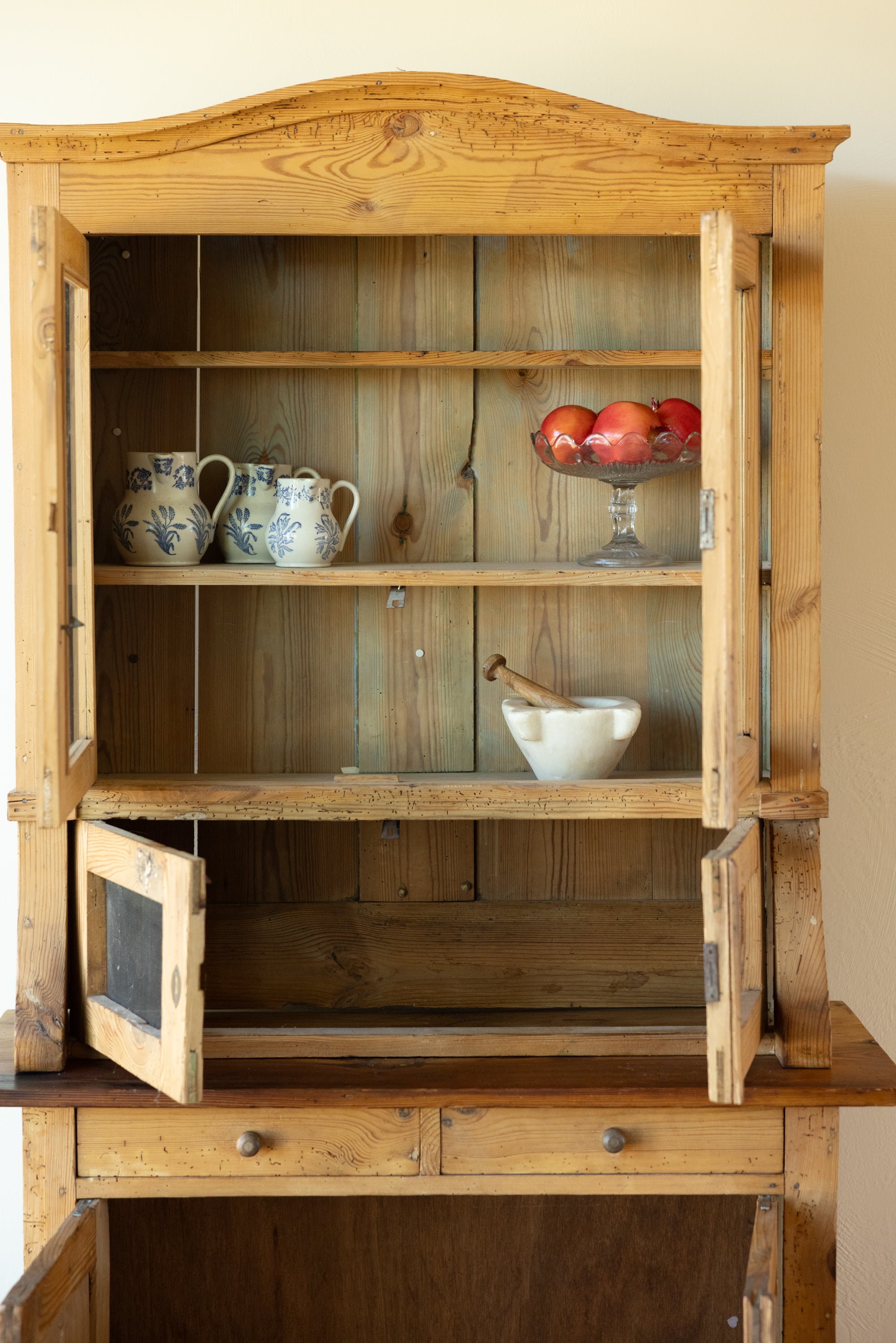 Antique German Pine Glass Front Cupboard | European Farmhouse Hutch | Primitive Pine Cabinet