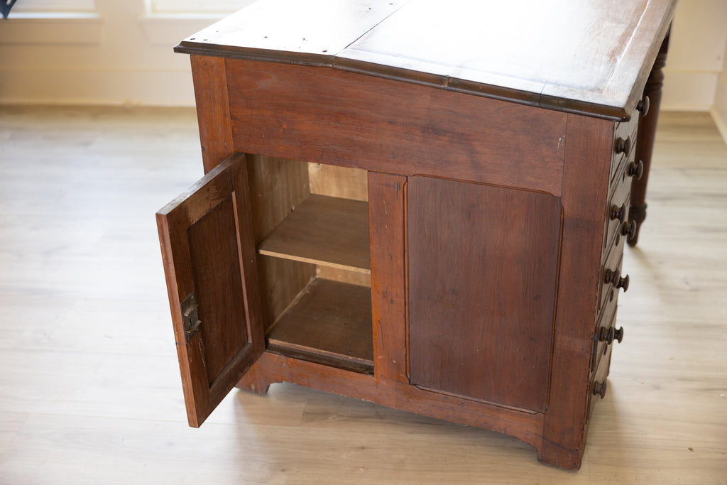 Antique Writing Desk with Five Drawers, Turned Legs & Hidden Side Cupboard