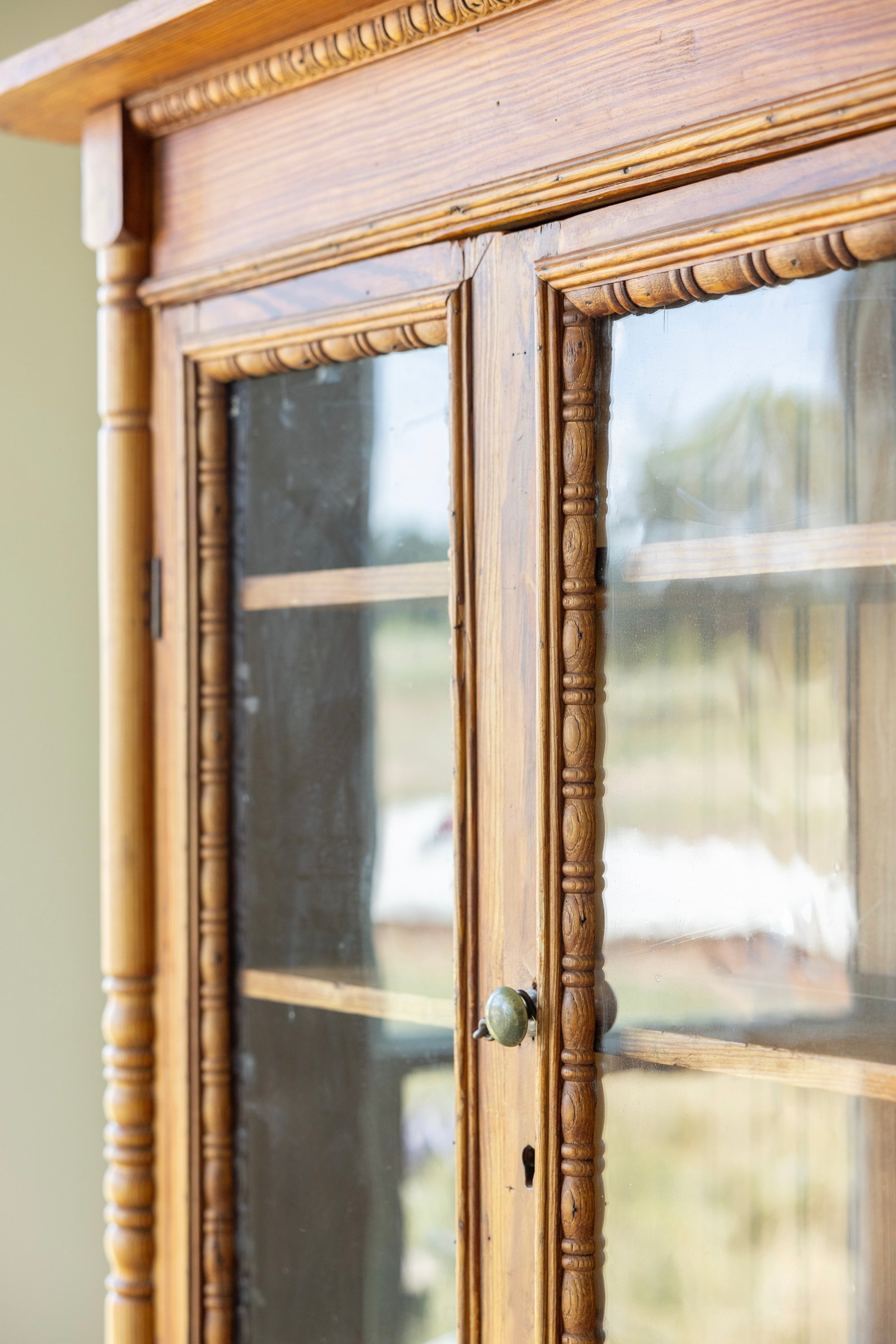 Antique Pine Glazed Display Cabinet | 19th Century Farmhouse Cupboard