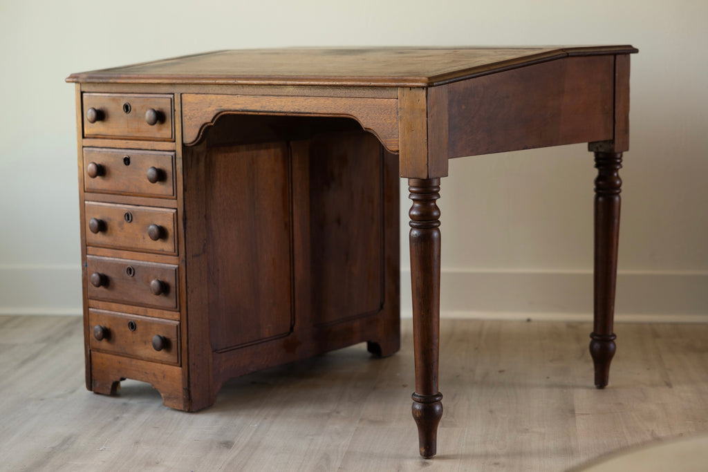 Antique Writing Desk with Five Drawers, Turned Legs & Hidden Side Cupboard