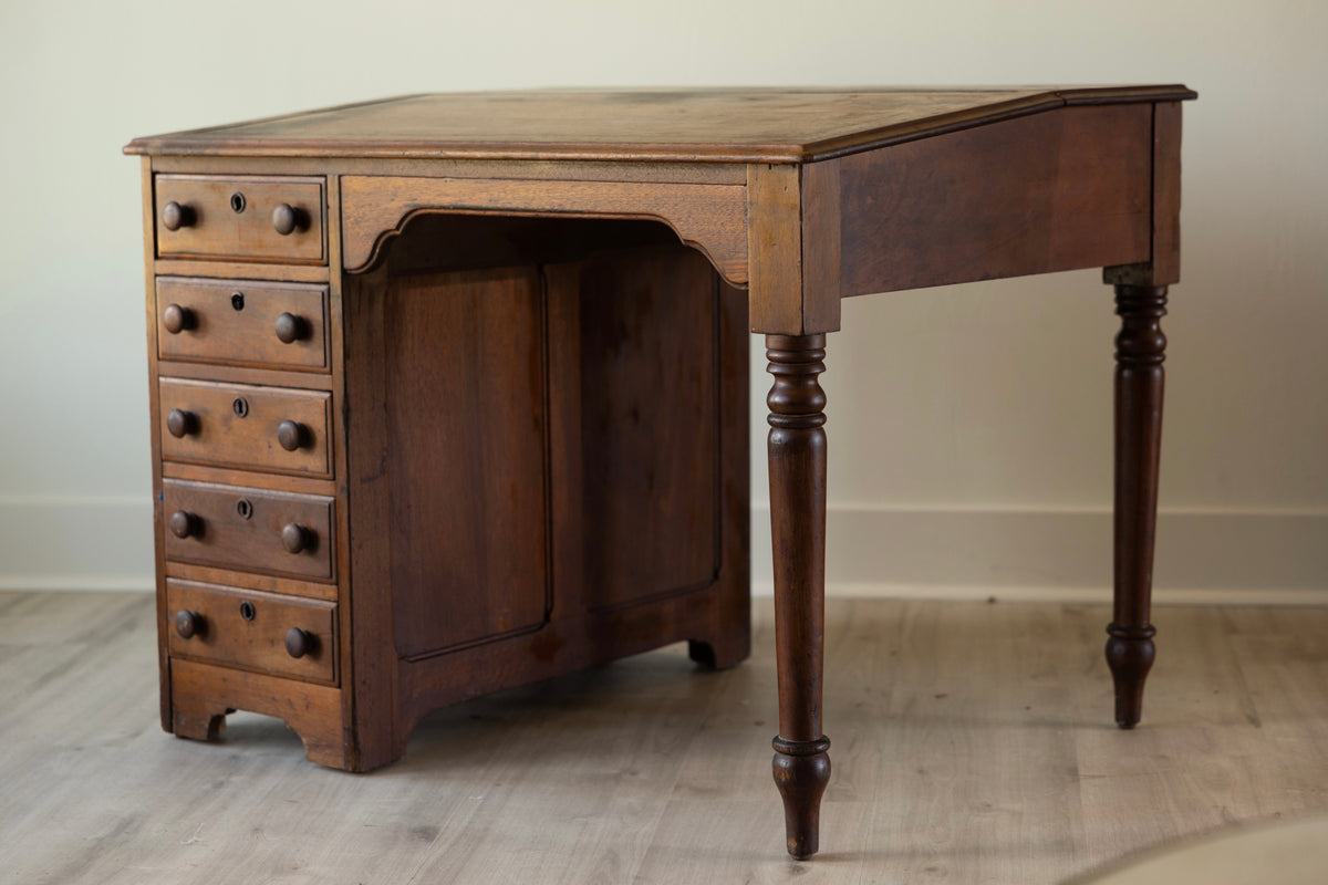 Antique Writing Desk with Five Drawers, Turned Legs & Hidden Side Cupboard
