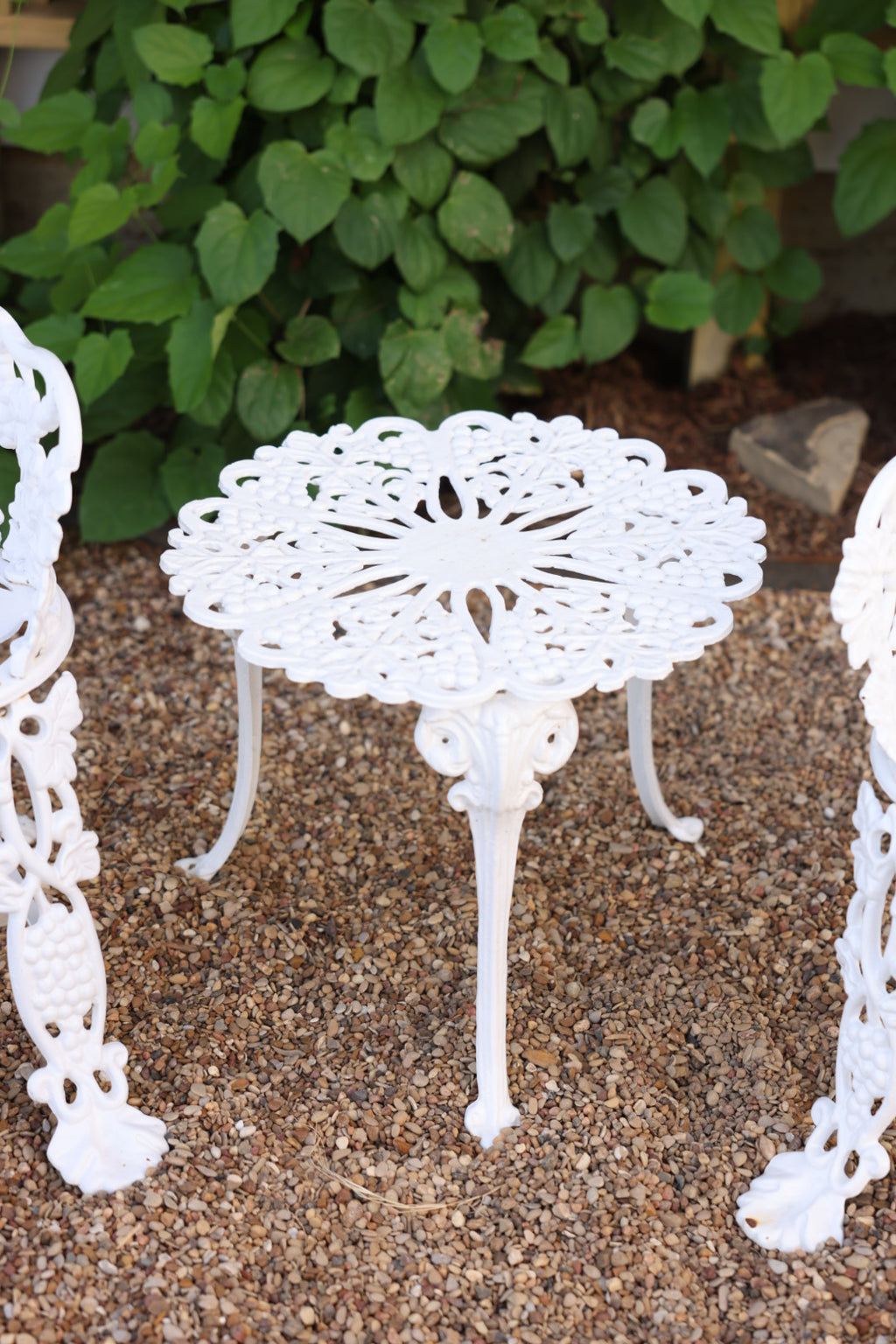 Antique Cast Iron Grapevine Bistro Set | Victorian Garden Table & Two Chairs | White Patio Furniture | French Country Outdoor Seating