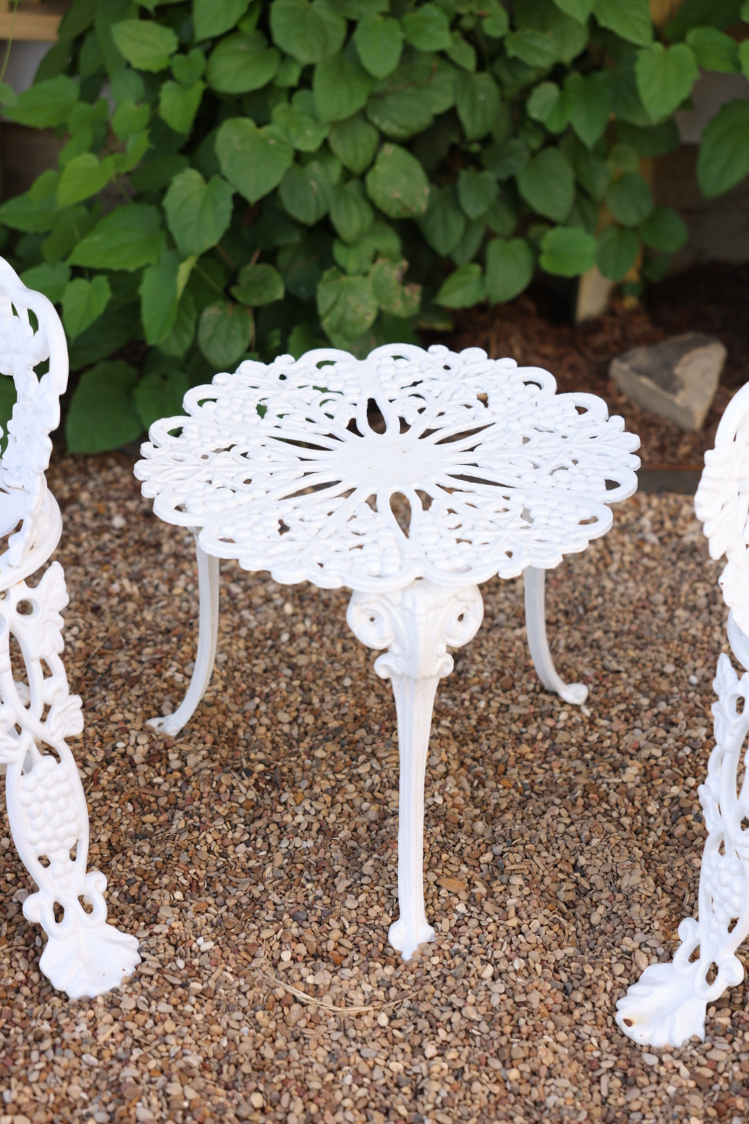 Antique Cast Iron Grapevine Bistro Set | Victorian Garden Table & Two Chairs | White Patio Furniture | French Country Outdoor Seating