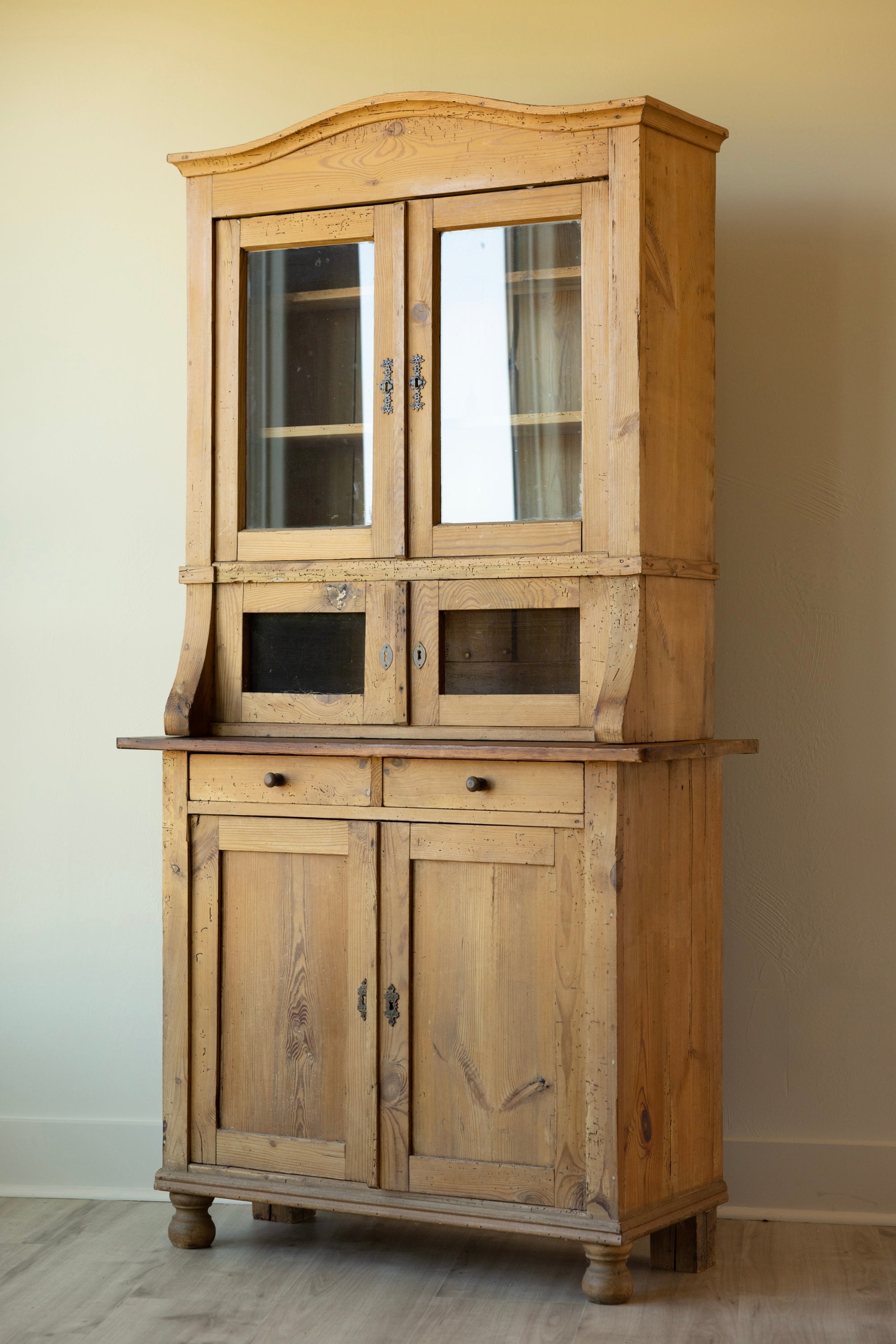 Antique German Pine Glass Front Cupboard | European Farmhouse Hutch | Primitive Pine Cabinet