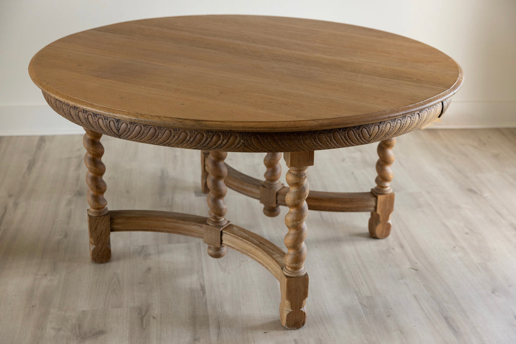 Antique Round Oak Dining Table | 54” Barley Twist Dining Table | Carved European Farmhouse Table