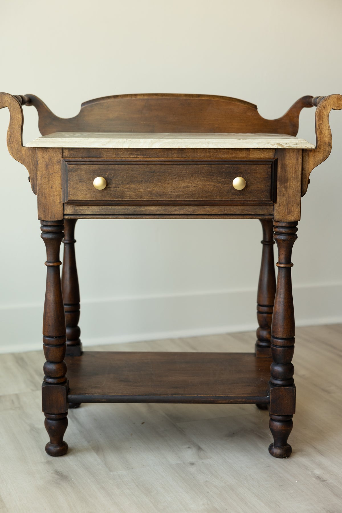 Antique Marble Top Washstand | Petite Victorian Side Table | European Farmhouse Bedside Table | Turned Leg Server