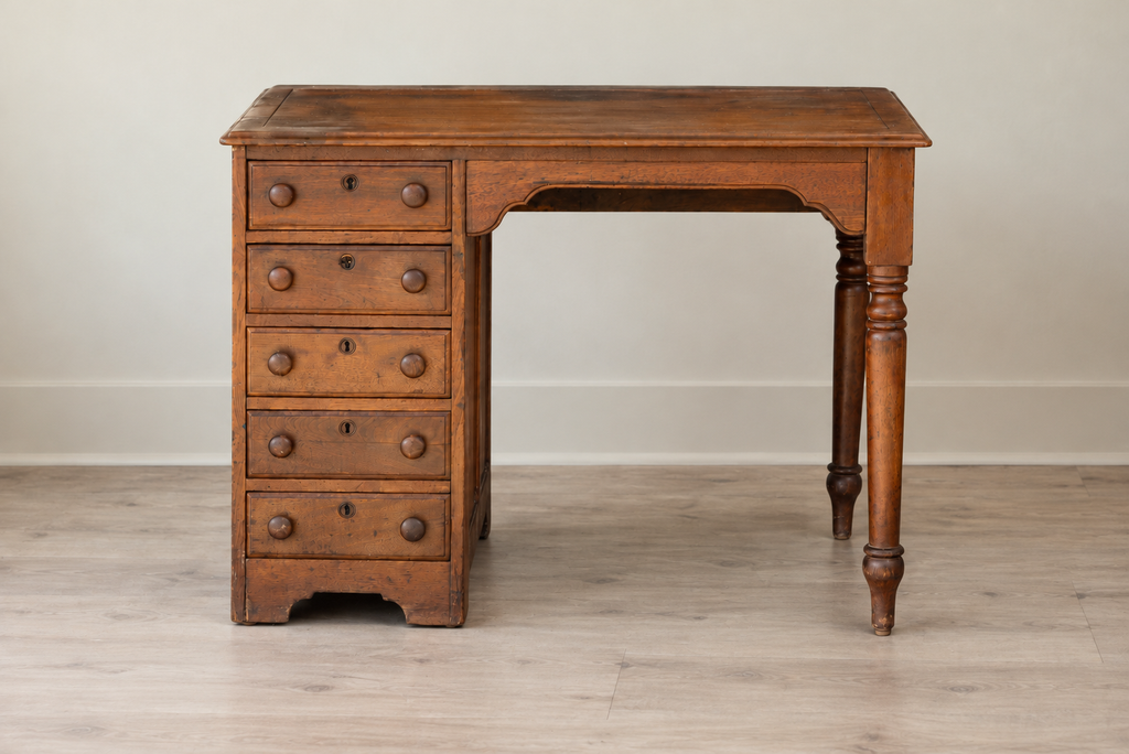 Antique Writing Desk with Five Drawers, Turned Legs & Hidden Side Cupboard