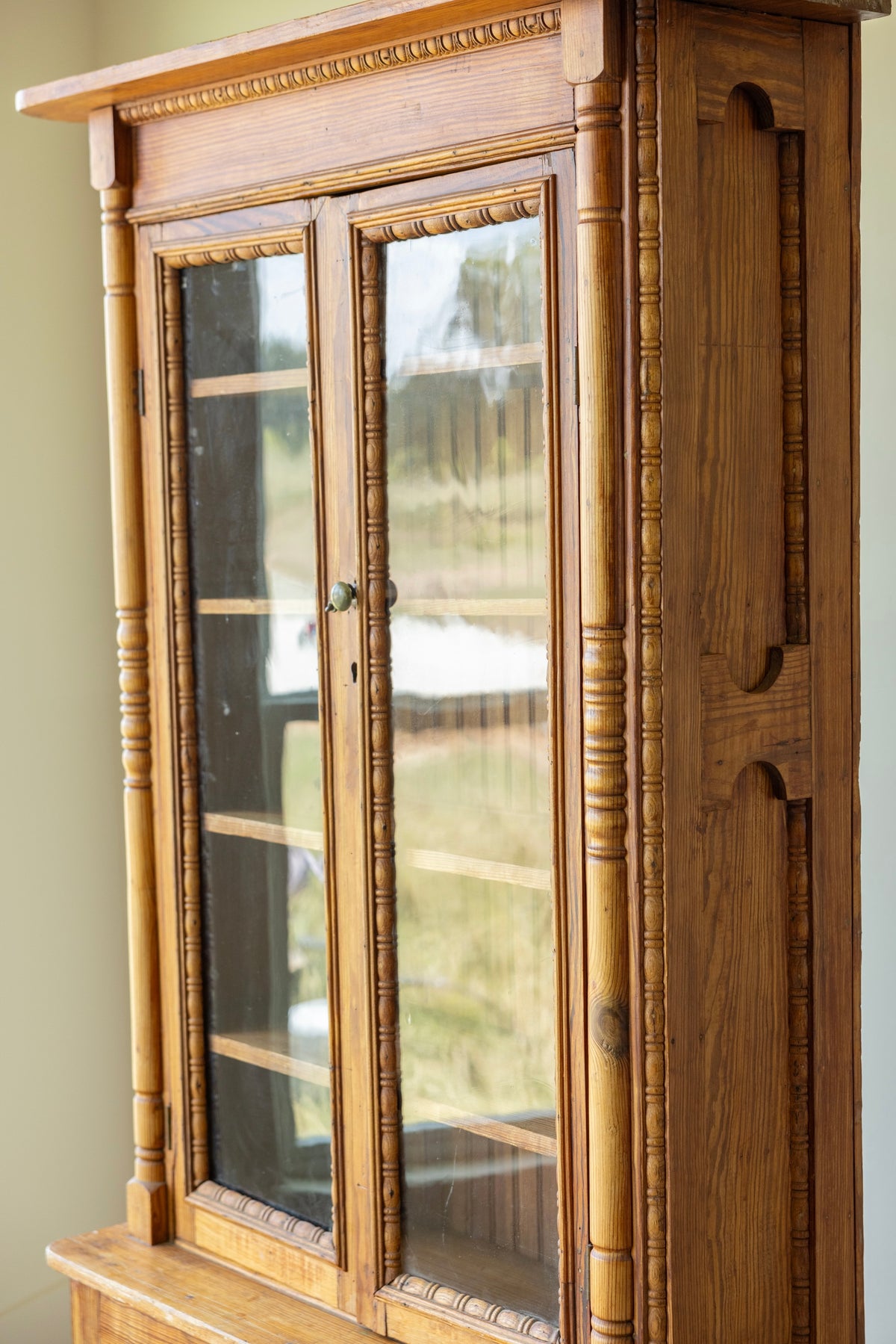 Antique Pine Glazed Display Cabinet | 19th Century Farmhouse Cupboard