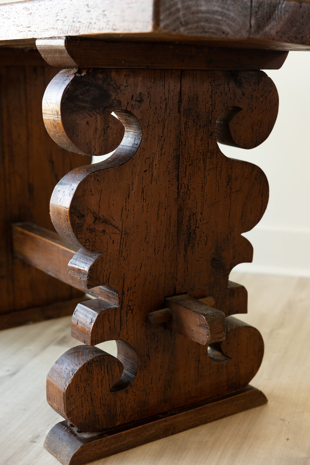 Antique Solid Wood Plank Top Carved Trestle Console Entry Table 47”