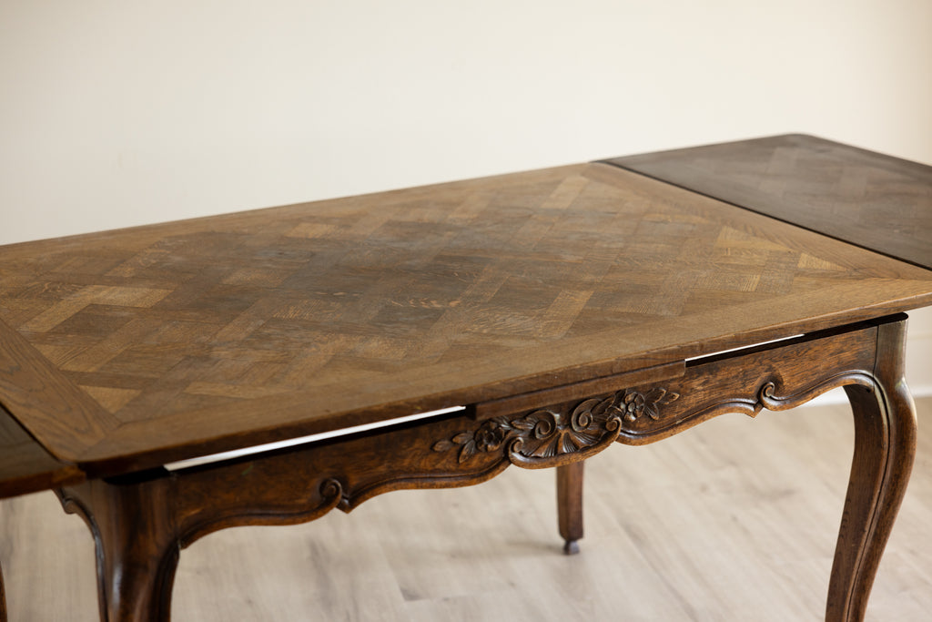 Antique French Provincial Draw Leaf Dining Table | Solid Oak Parquet Top | Louis XV Carved Extendable Farmhouse Table | Seats 4–8
