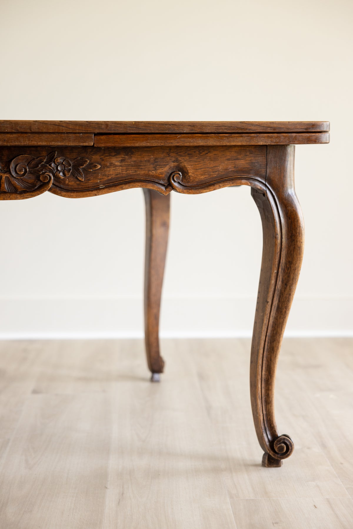 Antique French Provincial Draw Leaf Dining Table | Solid Oak Parquet Top | Louis XV Carved Extendable Farmhouse Table | Seats 4–8