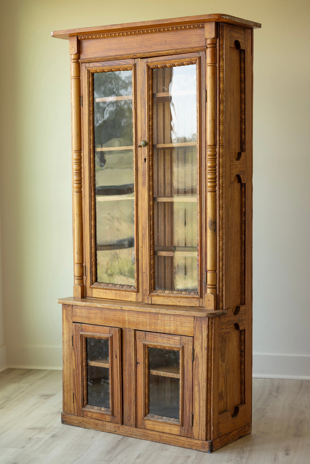 Antique Pine Glazed Display Cabinet | 19th Century Farmhouse Cupboard