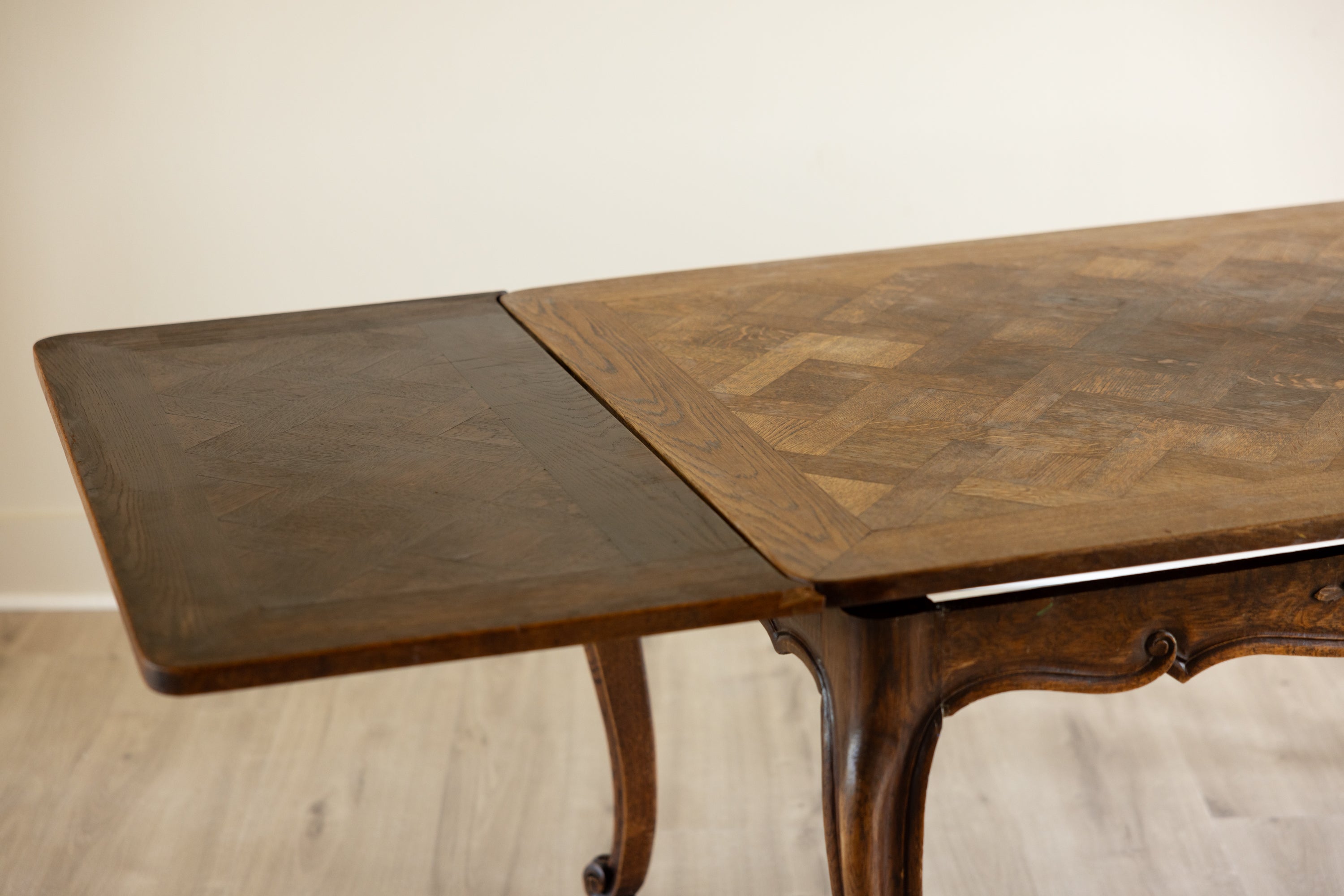 Antique French Provincial Draw Leaf Dining Table | Solid Oak Parquet Top | Louis XV Carved Extendable Farmhouse Table | Seats 4–8
