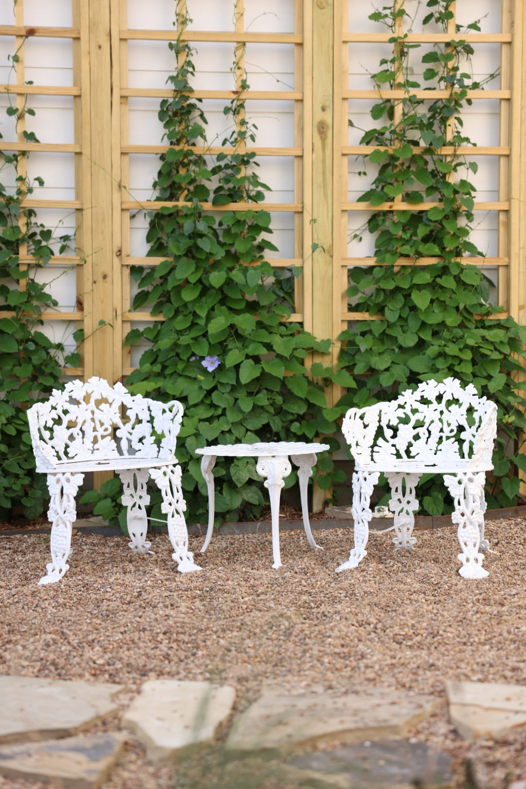 Antique Cast Iron Grapevine Bistro Set | Victorian Garden Table & Two Chairs | White Patio Furniture | French Country Outdoor Seating